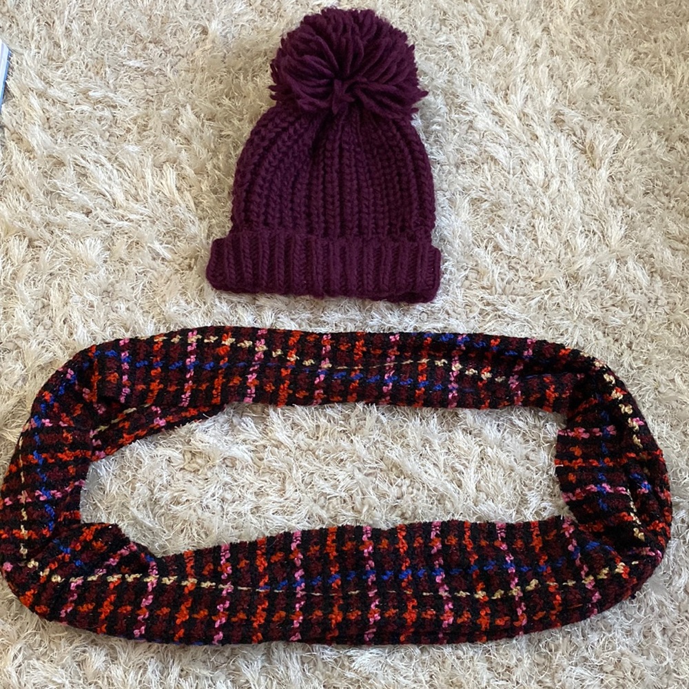Pom Pom Knit Beanie & Multi-color knot‎ Infinity scarf| Sold together